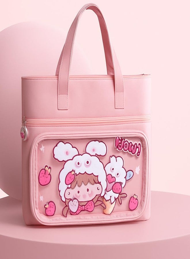 Nispruhay Cute Cartoon Transparent Front Bunny Tote Bag with Zip & Handles Rabbit Graphic Clear Pocket Handbag Stationary pouch (Pink) - Image 3